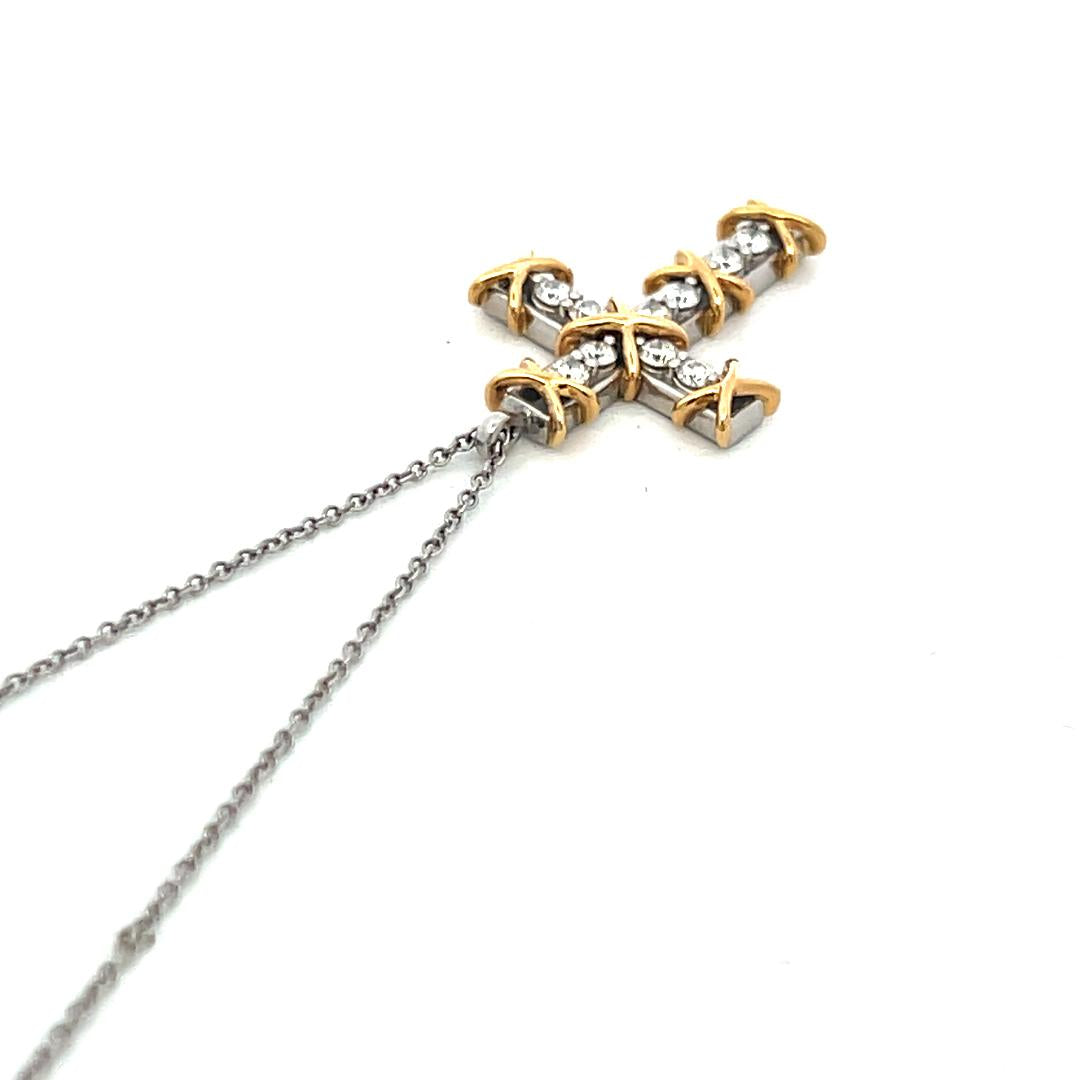 Tiffany & Co 18K Two Tone Gold Cross Pendant Necklace 0.35ct Round F VS Diamonds
