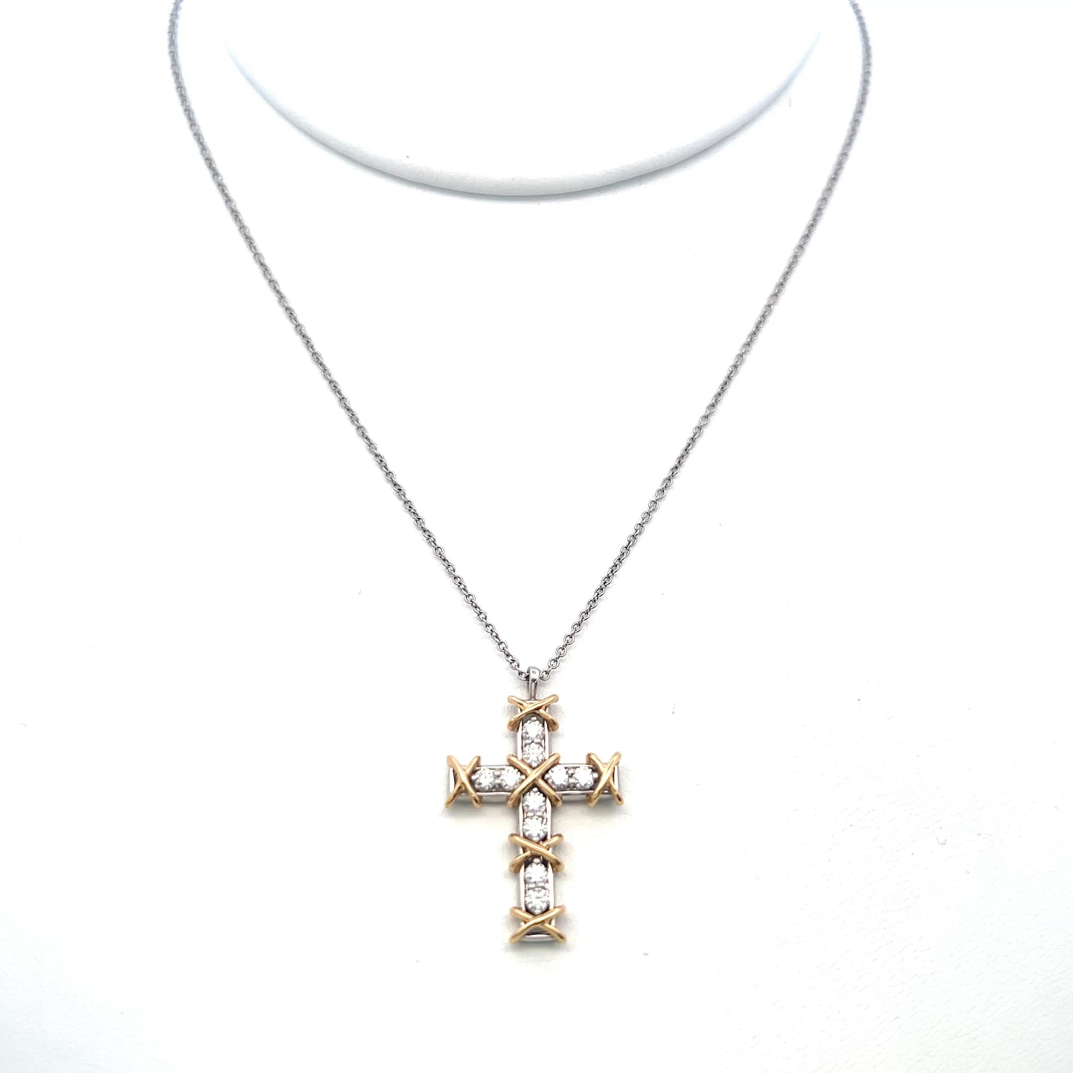 Tiffany & Co 18K Two Tone Gold Cross Pendant Necklace 0.35ct Round F VS Diamonds