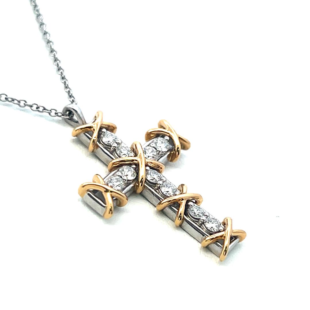 Tiffany & Co 18K Two Tone Gold Cross Pendant Necklace 0.35ct Round F VS Diamonds