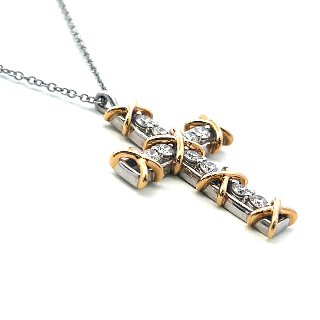 Tiffany & Co 18K Two Tone Gold Cross Pendant Necklace 0.35ct Round F VS Diamonds