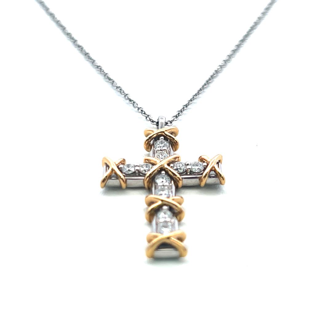 Tiffany & Co 18K Two Tone Gold Cross Pendant Necklace 0.35ct Round F VS Diamonds