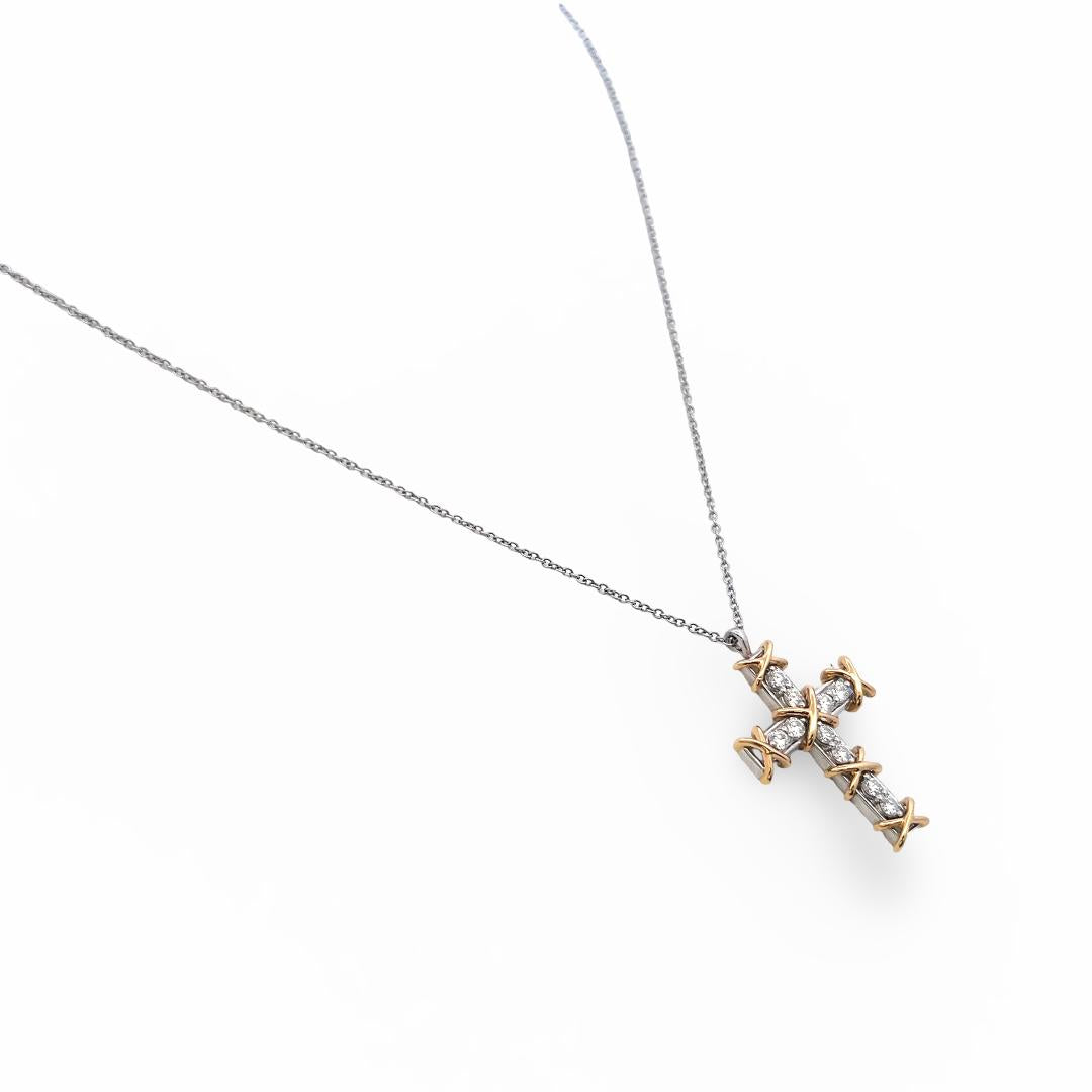 Tiffany & Co 18K Two Tone Gold Cross Pendant Necklace 0.35ct Round F VS Diamonds