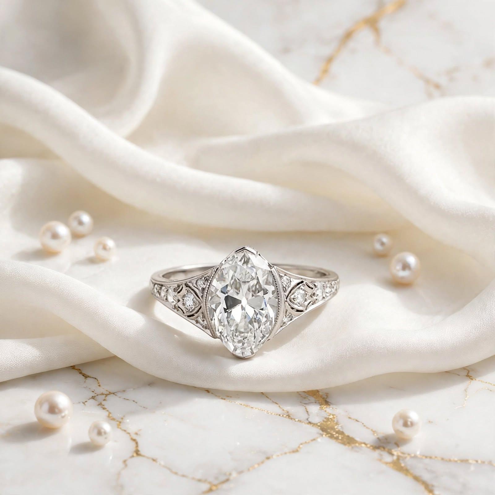 Platinum Engagement Ring with 2.42ct Marquis &  Old European Diamonds D VS2 GIA