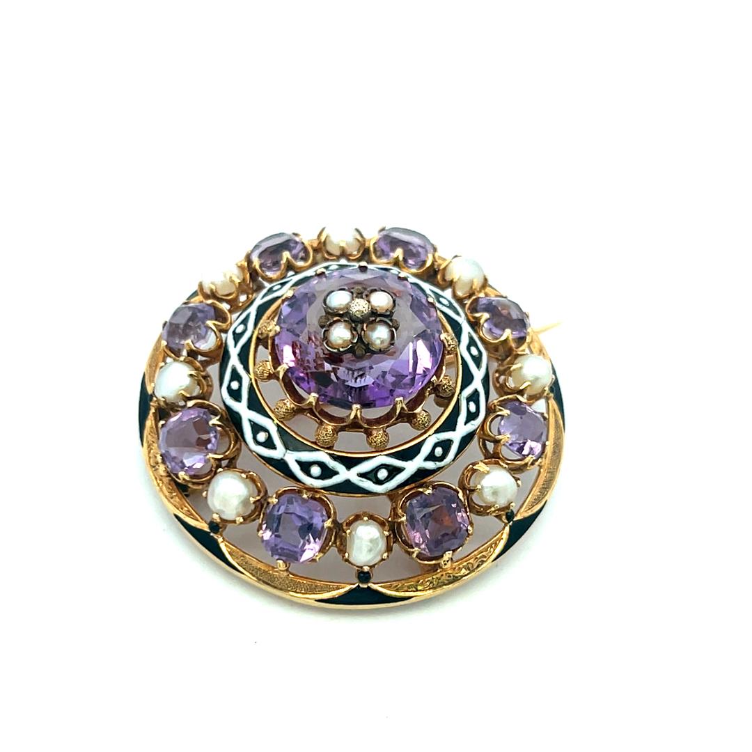 Vintage 18 Karat Yellow Gold Pin Brooch with Pearls and Amethyst