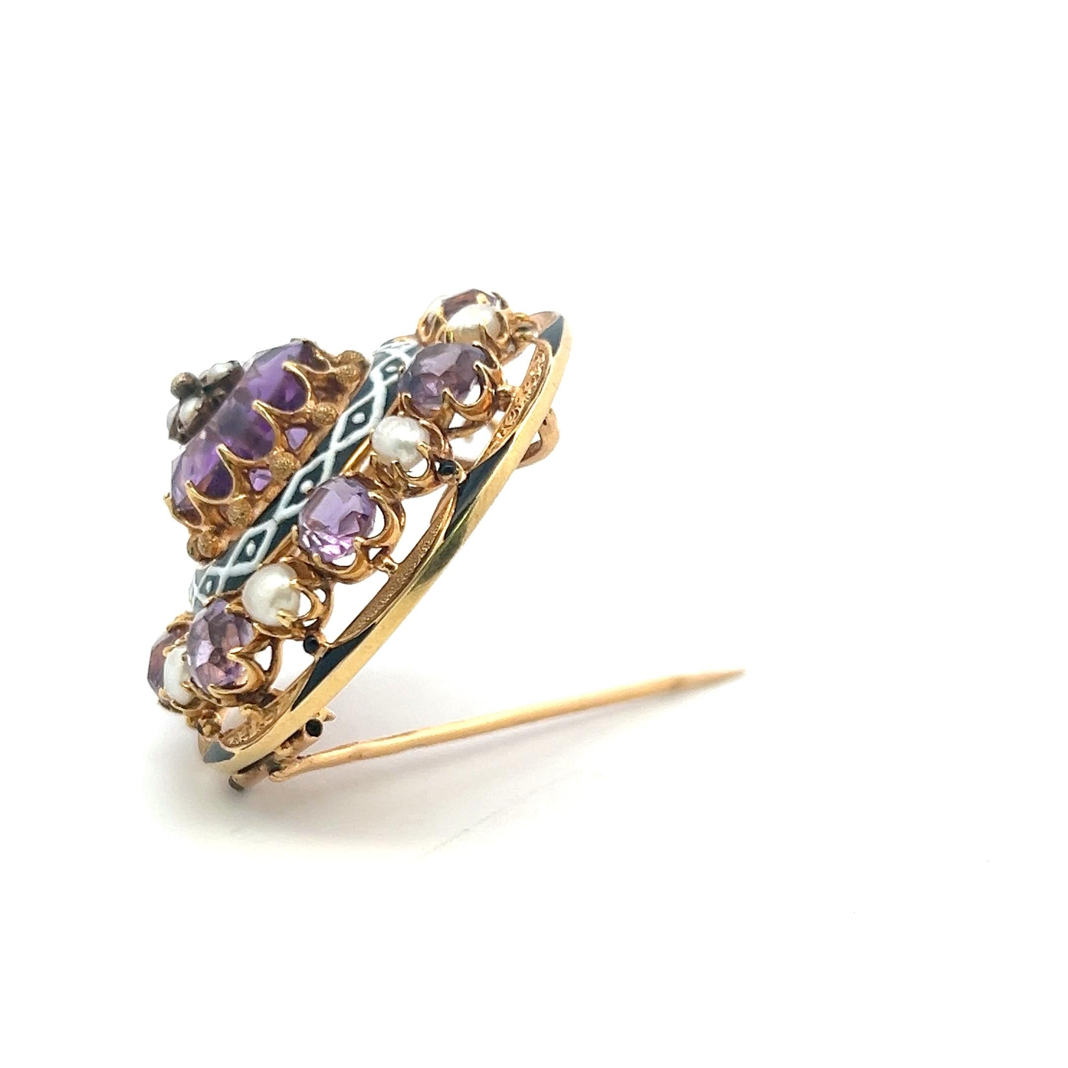 Vintage 18 Karat Yellow Gold Pin Brooch with Pearls and Amethyst