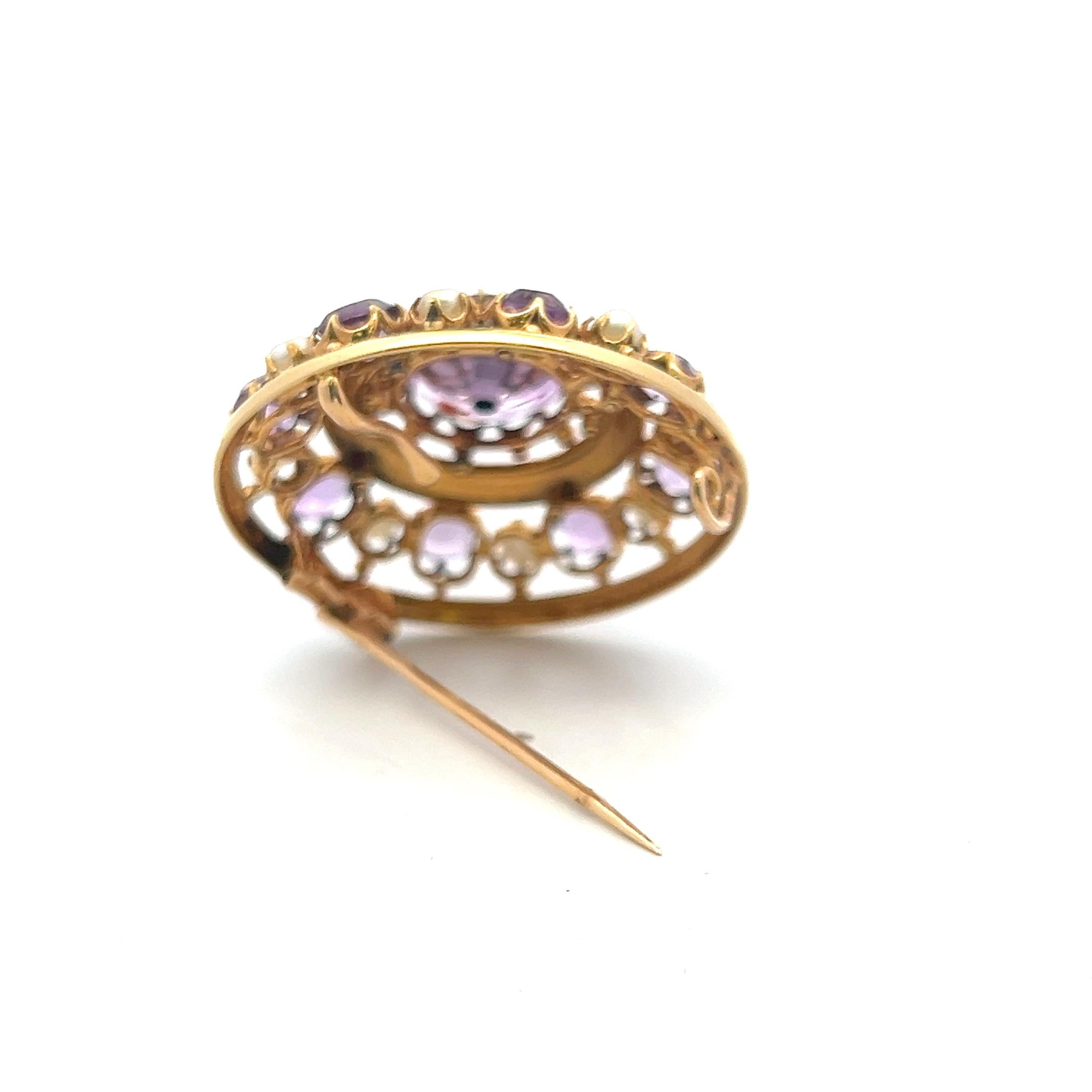 Vintage 18 Karat Yellow Gold Pin Brooch with Pearls and Amethyst