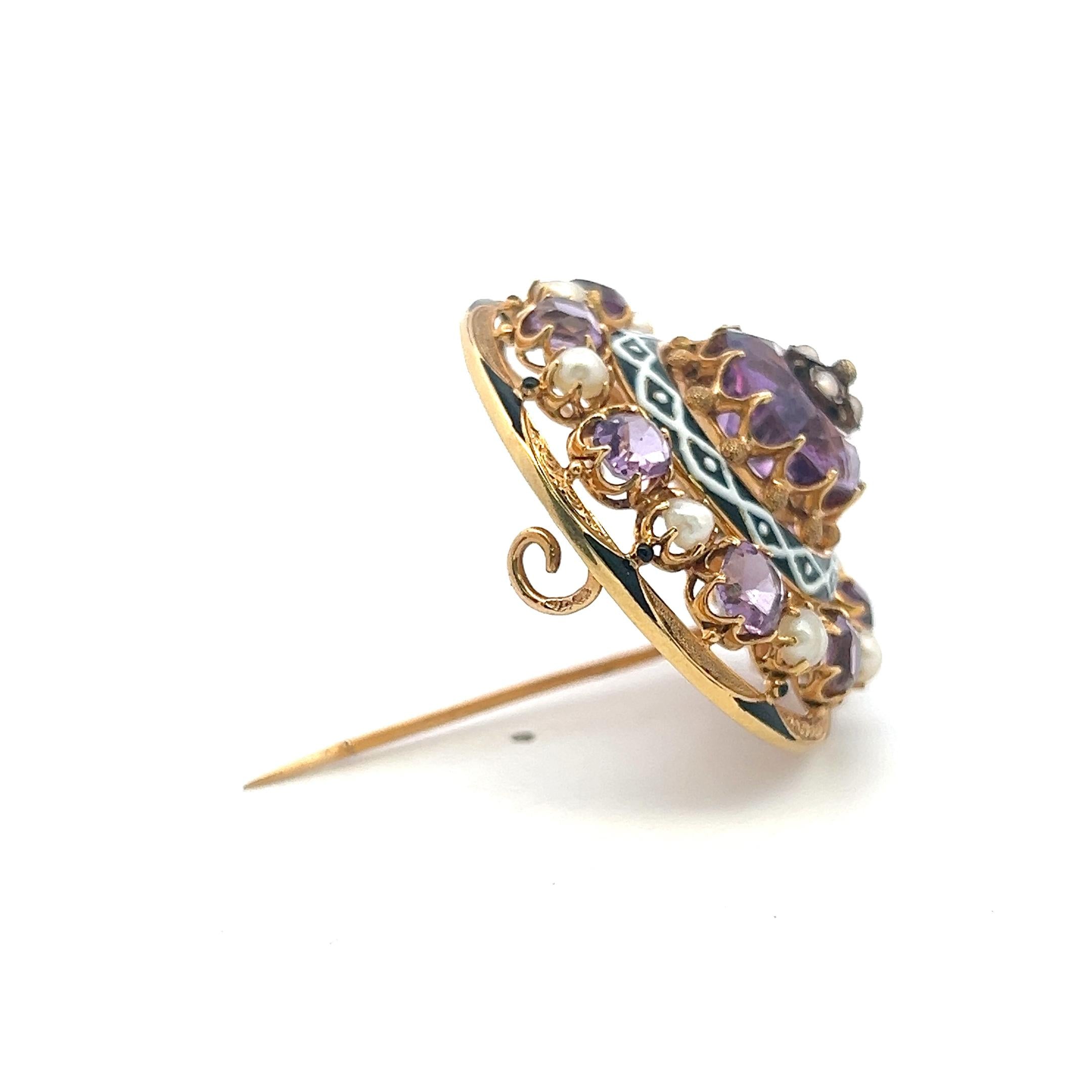Vintage 18 Karat Yellow Gold Pin Brooch with Pearls and Amethyst