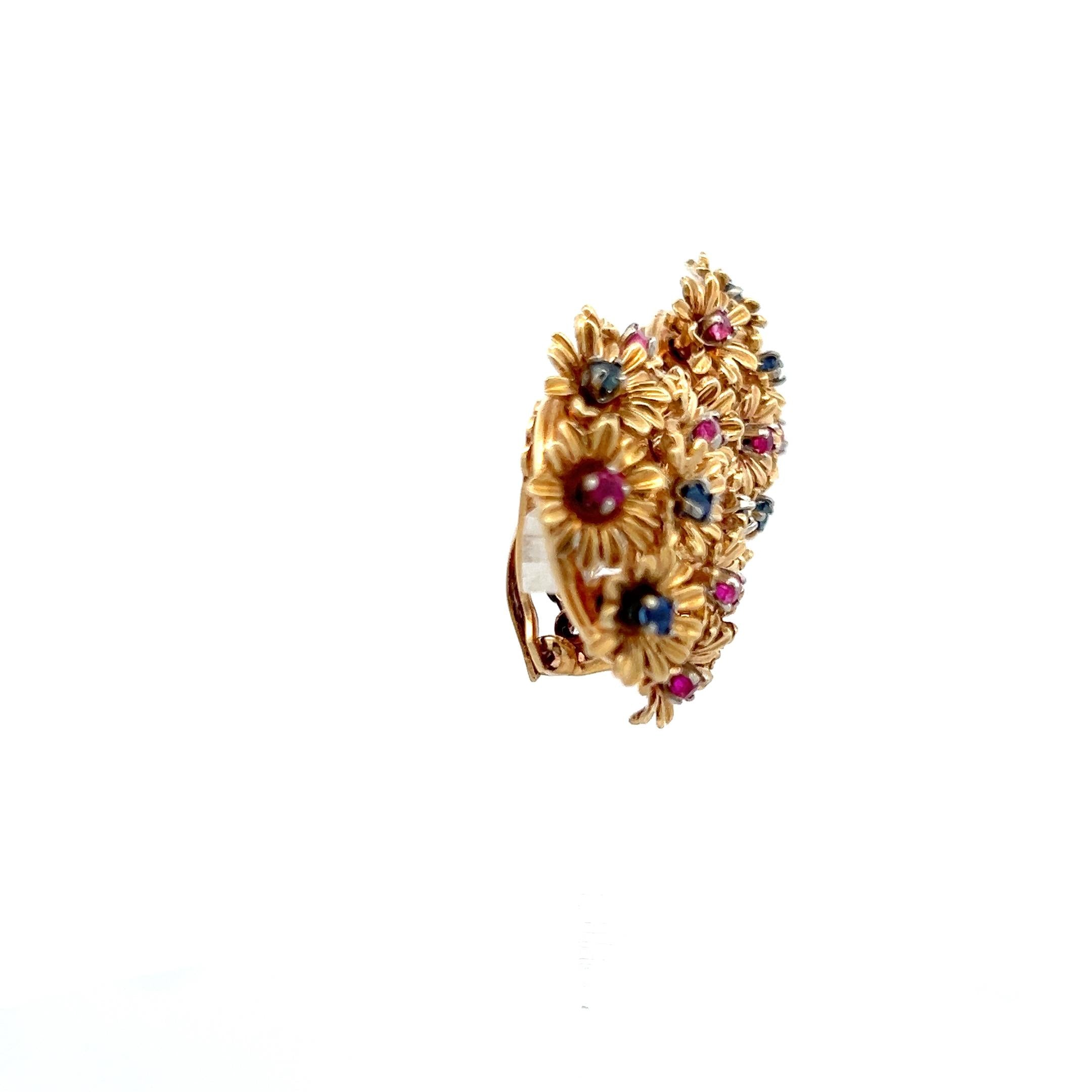 Estate 18K Yellow Gold Clip-On Earrings with 0.6 Carat Sapphire & 0.6 Carat Ruby