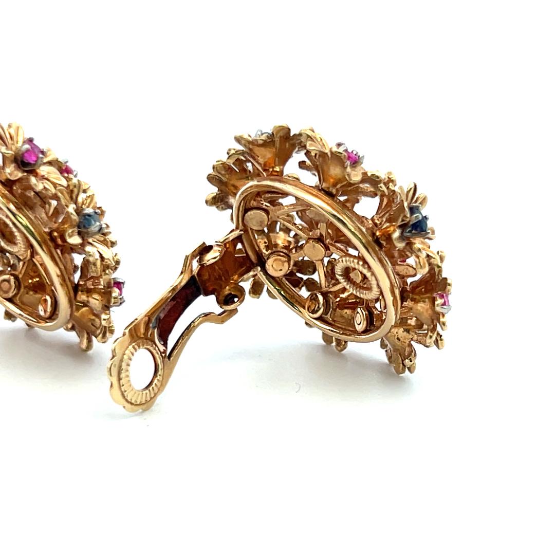 Estate 18K Yellow Gold Clip-On Earrings with 0.6 Carat Sapphire & 0.6 Carat Ruby
