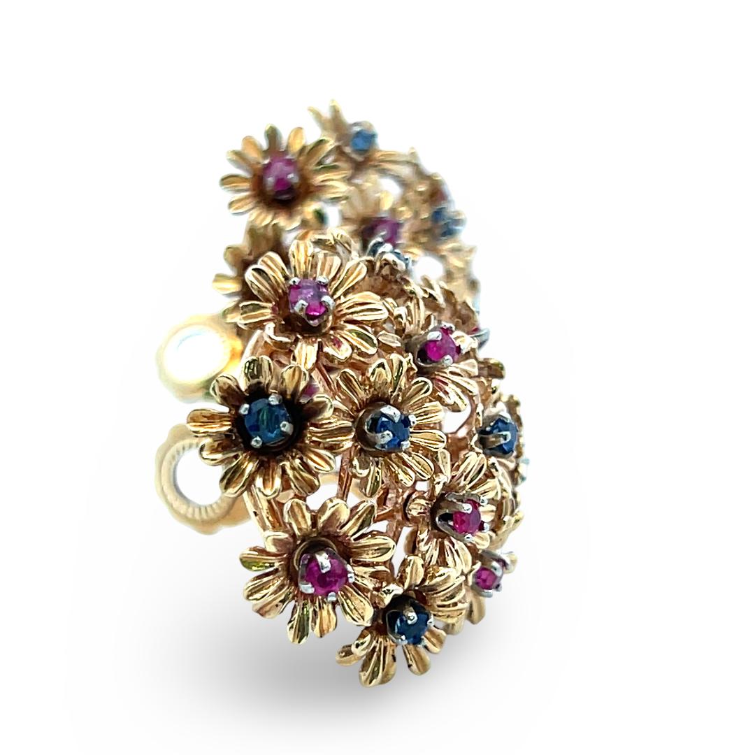 Estate 18K Yellow Gold Clip-On Earrings with 0.6 Carat Sapphire & 0.6 Carat Ruby