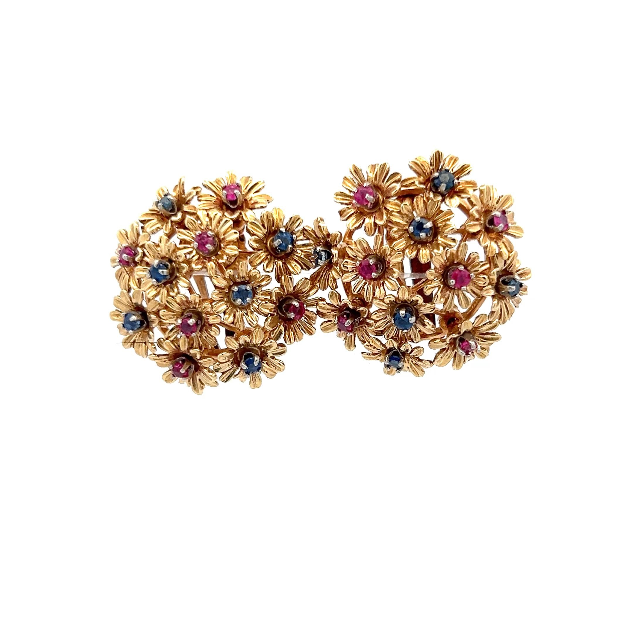 Estate 18K Yellow Gold Clip-On Earrings with 0.6 Carat Sapphire & 0.6 Carat Ruby