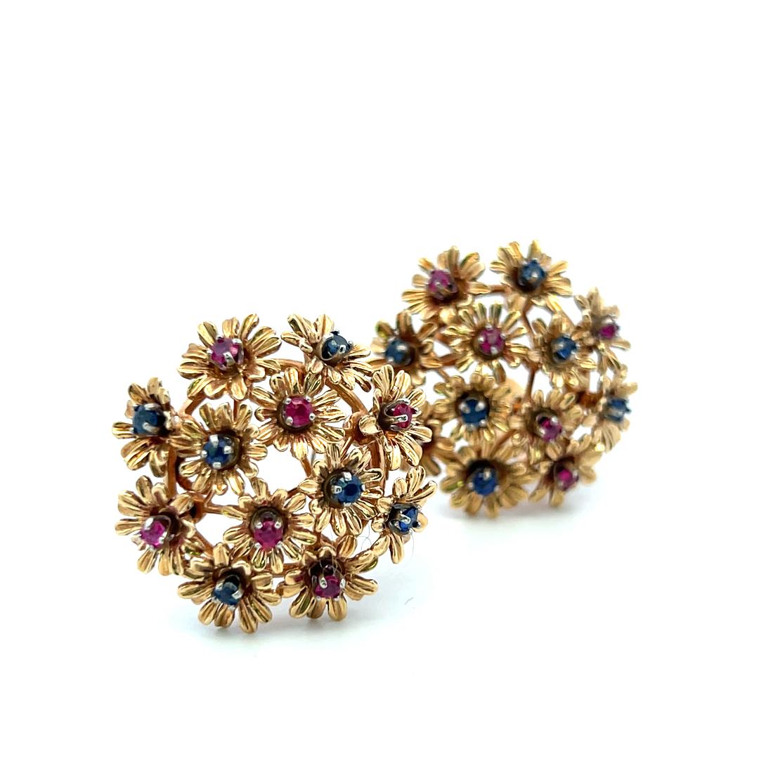 Estate 18K Yellow Gold Clip-On Earrings with 0.6 Carat Sapphire & 0.6 Carat Ruby