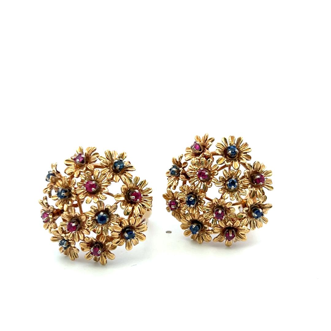 Estate 18K Yellow Gold Clip-On Earrings with 0.6 Carat Sapphire & 0.6 Carat Ruby