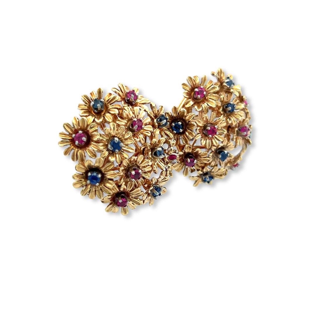 Estate 18K Yellow Gold Clip-On Earrings with 0.6 Carat Sapphire & 0.6 Carat Ruby