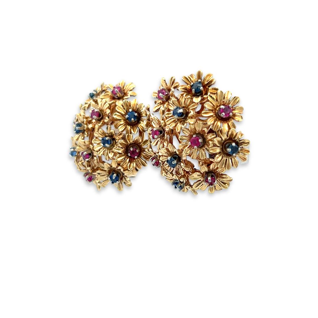 Estate 18K Yellow Gold Clip-On Earrings with 0.6 Carat Sapphire & 0.6 Carat Ruby