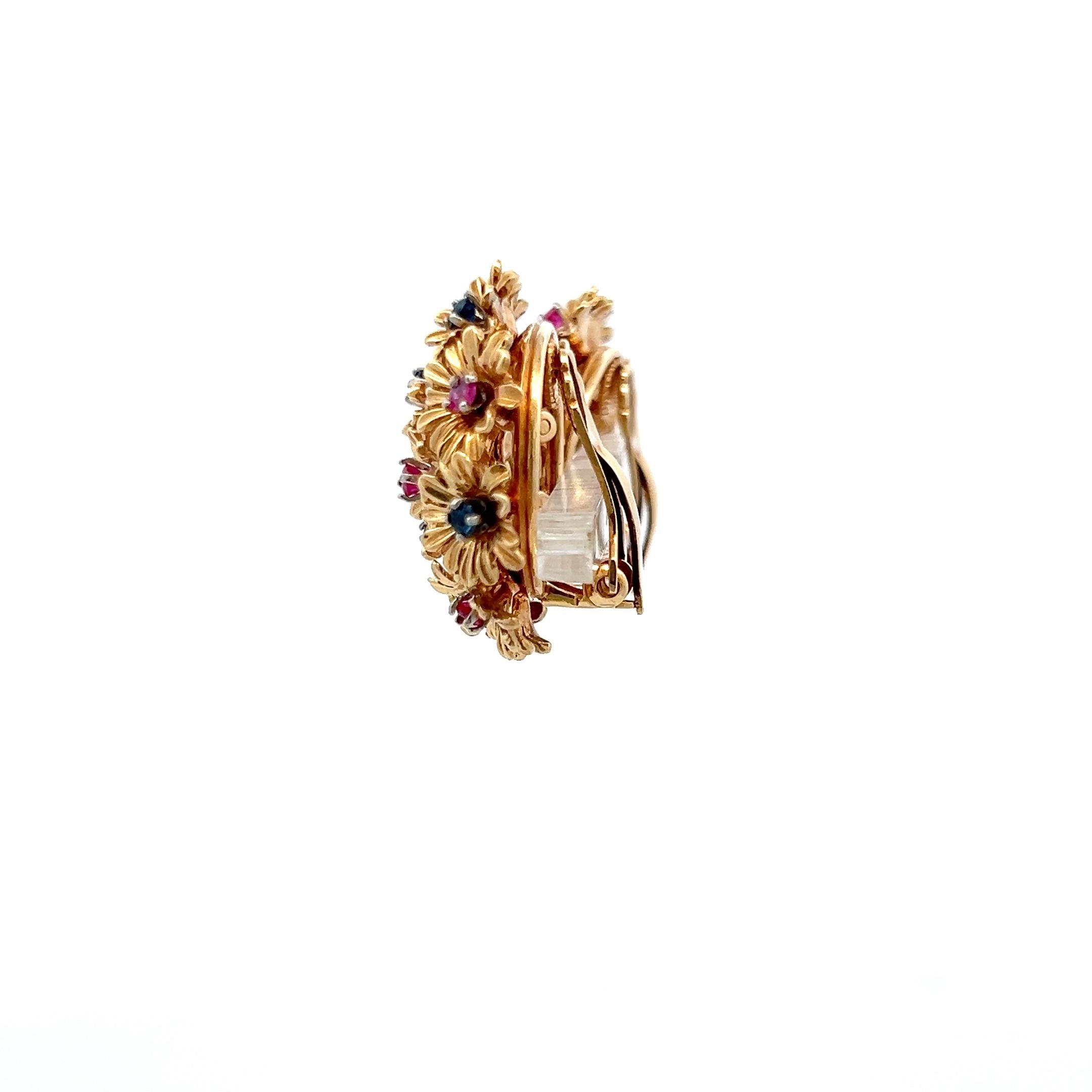 Estate 18K Yellow Gold Clip-On Earrings with 0.6 Carat Sapphire & 0.6 Carat Ruby
