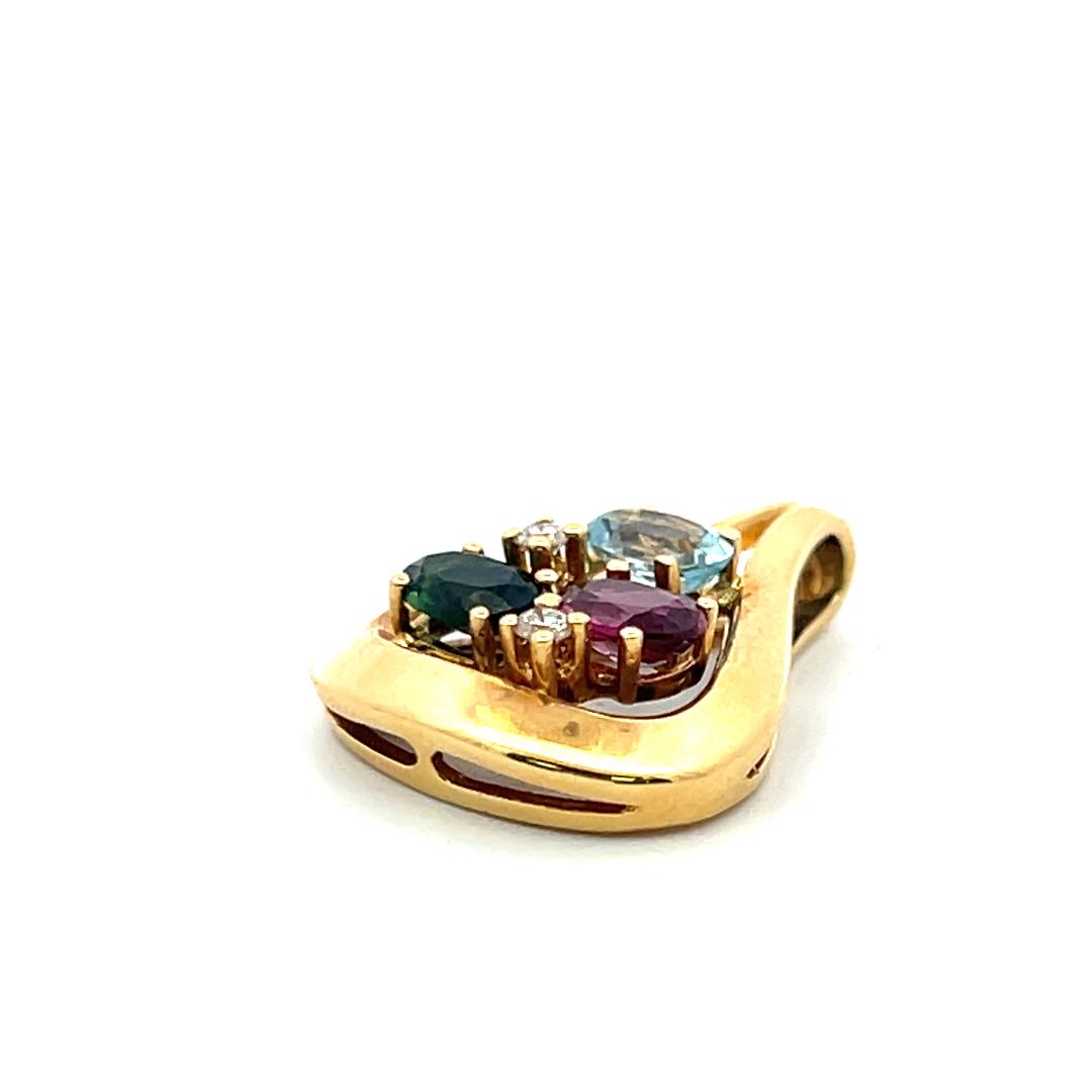 Vintage 18K Yellow Gold Pendant with 0.06ct Round Diamonds & Multi Gemstones
