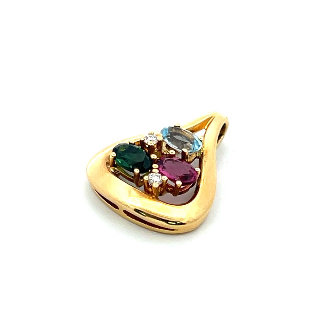 Vintage 18K Yellow Gold Pendant with 0.06ct Round Diamonds & Multi Gemstones
