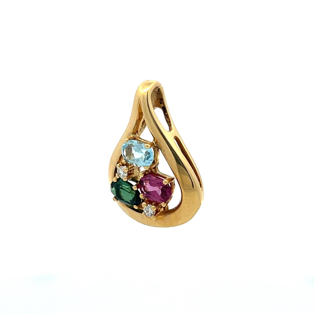 Vintage 18K Yellow Gold Pendant with 0.06ct Round Diamonds & Multi Gemstones