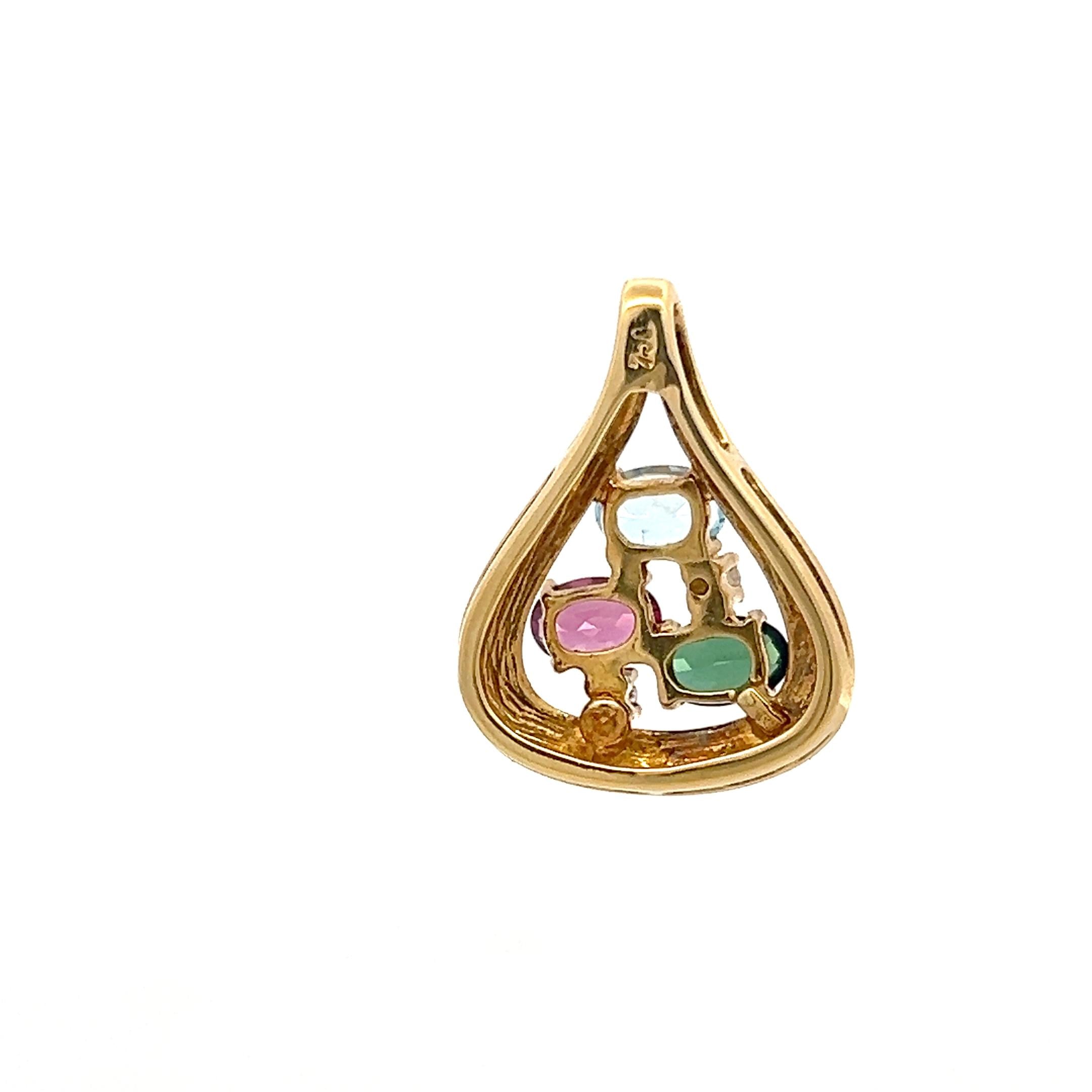 Vintage 18K Yellow Gold Pendant with 0.06ct Round Diamonds & Multi Gemstones