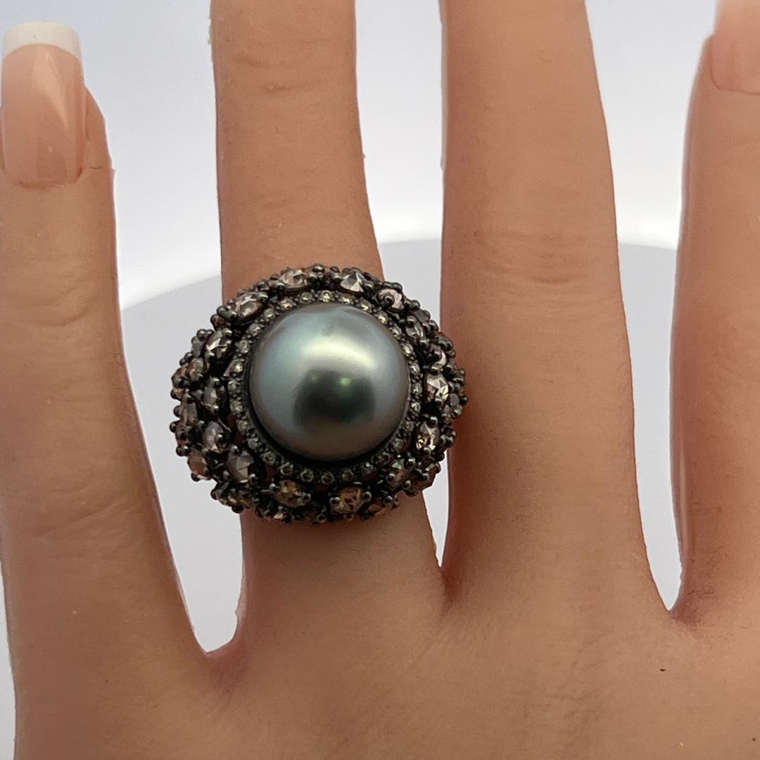18K White Gold Cocktail Ring with 6.72ct Old Miner Cut Diamonds & 13.8mm Pearl