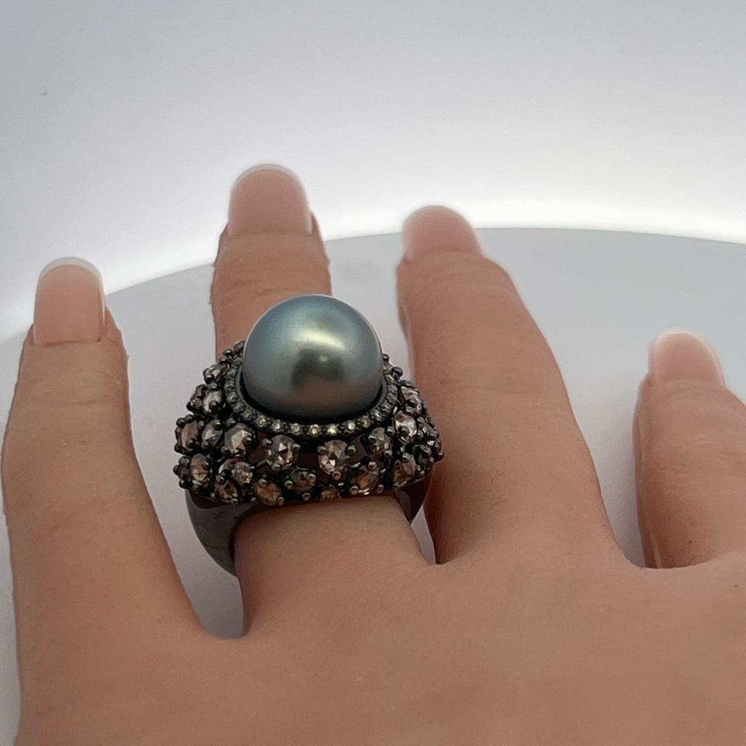 18K White Gold Cocktail Ring with 6.72ct Old Miner Cut Diamonds & 13.8mm Pearl