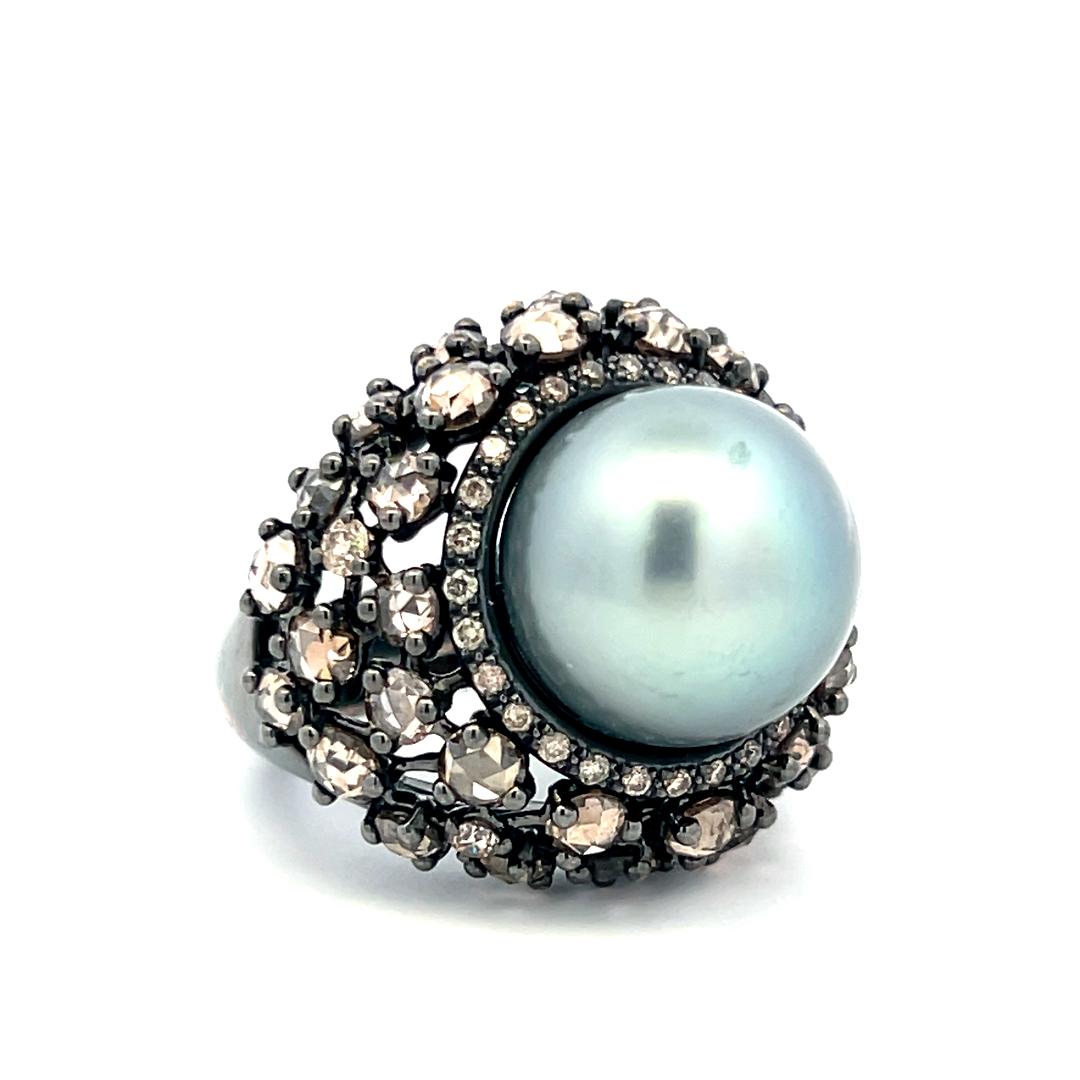 18K White Gold Cocktail Ring with 6.72ct Old Miner Cut Diamonds & 13.8mm Pearl