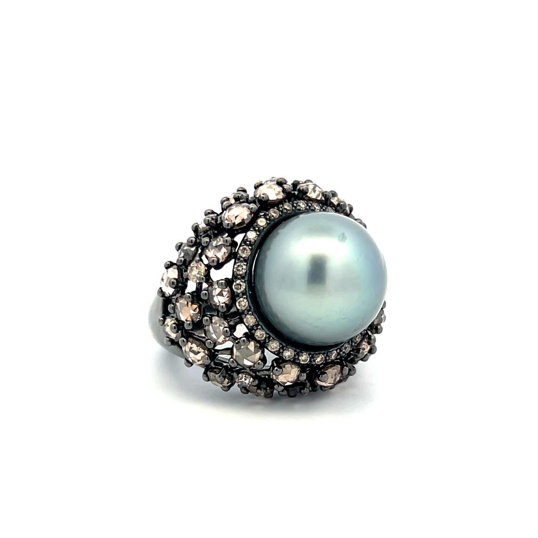 18K White Gold Cocktail Ring with 6.72ct Old Miner Cut Diamonds & 13.8mm Pearl