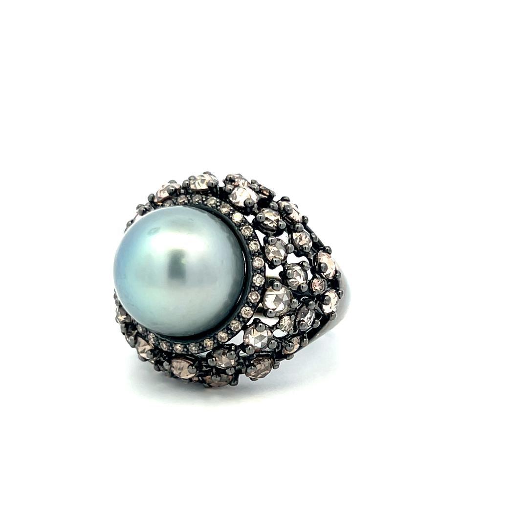 18K White Gold Cocktail Ring with 6.72ct Old Miner Cut Diamonds & 13.8mm Pearl