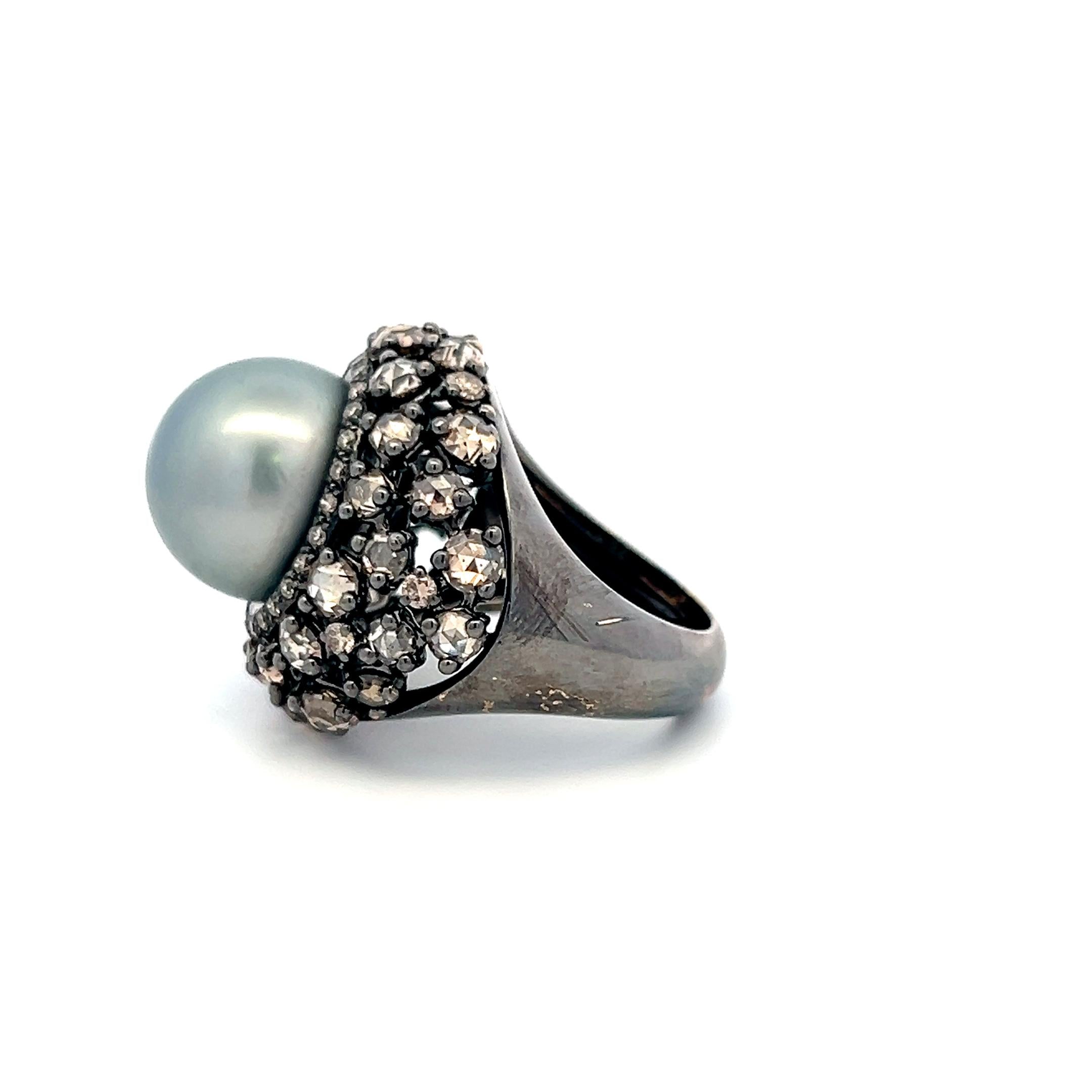18K White Gold Cocktail Ring with 6.72ct Old Miner Cut Diamonds & 13.8mm Pearl