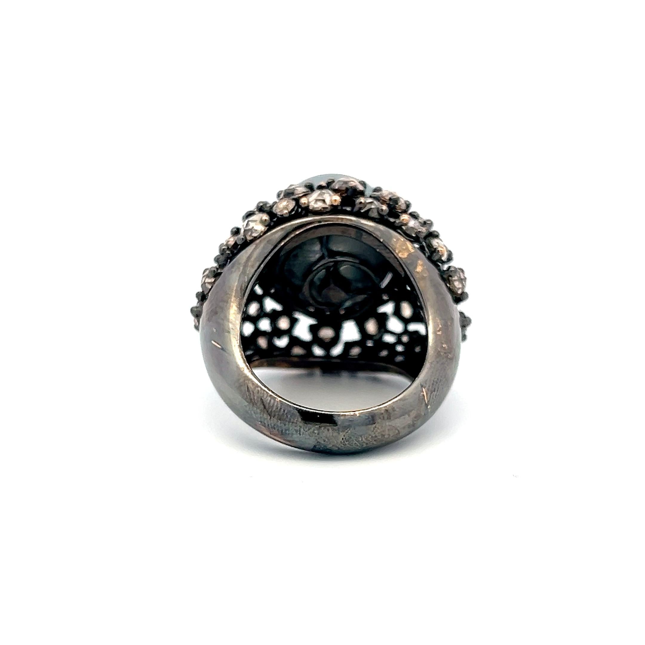 18K White Gold Cocktail Ring with 6.72ct Old Miner Cut Diamonds & 13.8mm Pearl