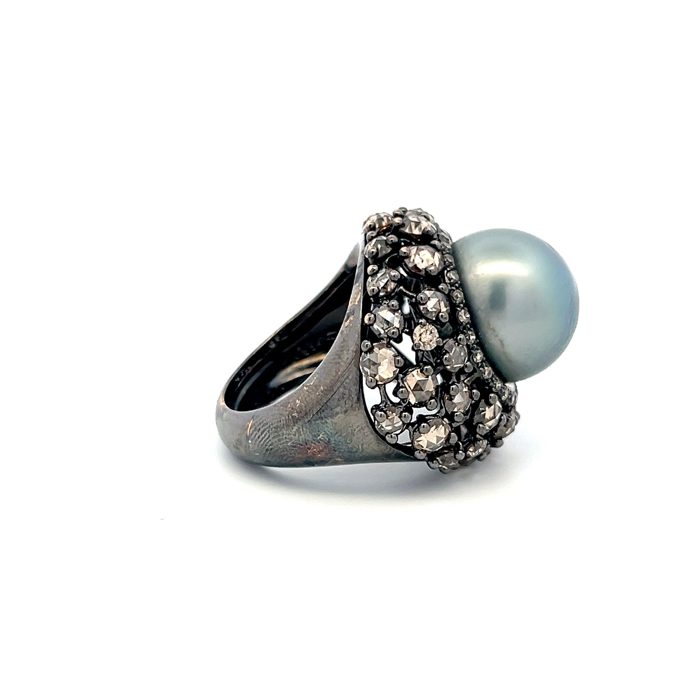 18K White Gold Cocktail Ring with 6.72ct Old Miner Cut Diamonds & 13.8mm Pearl