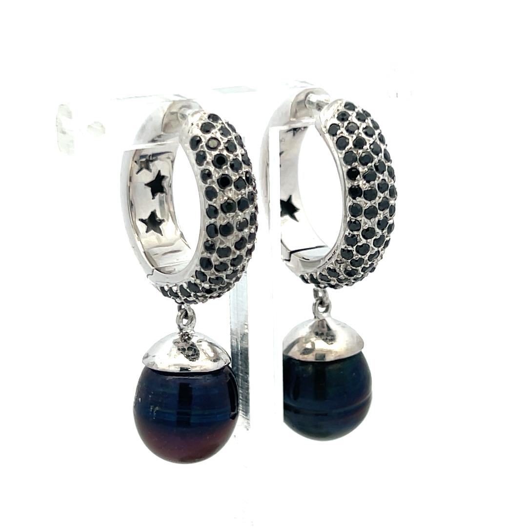 Vintage Platinum Huggie Earrings with 1.5 Carat Onyx and 11.7-15.2 MM Pearl