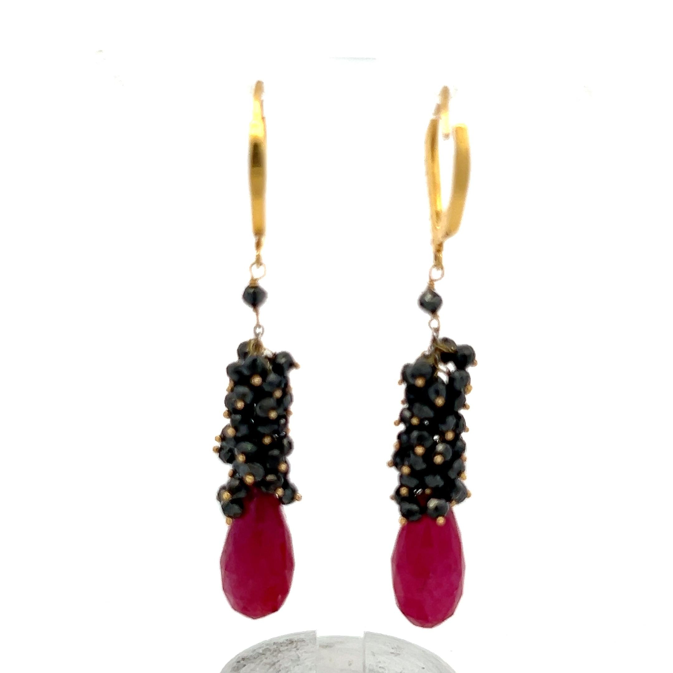 18K YG Drop Earrings with 0.05ct Round H VS Diamond and 14x6.9mm Ruby Briolettes