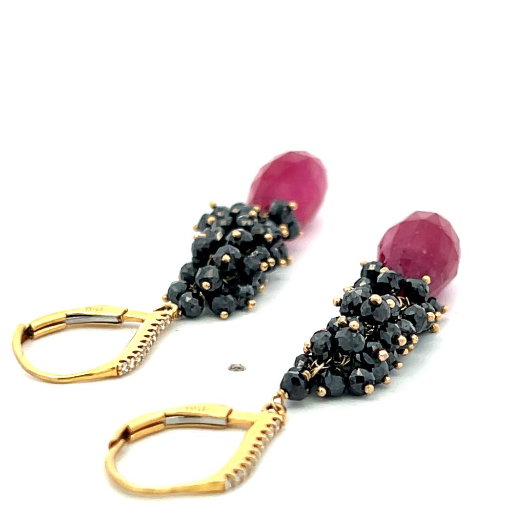 18K YG Drop Earrings with 0.05ct Round H VS Diamond and 14x6.9mm Ruby Briolettes