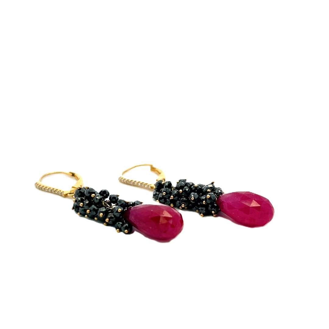 18K YG Drop Earrings with 0.05ct Round H VS Diamond and 14x6.9mm Ruby Briolettes