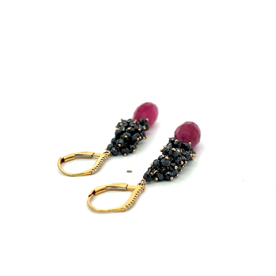 18K YG Drop Earrings with 0.05ct Round H VS Diamond and 14x6.9mm Ruby Briolettes