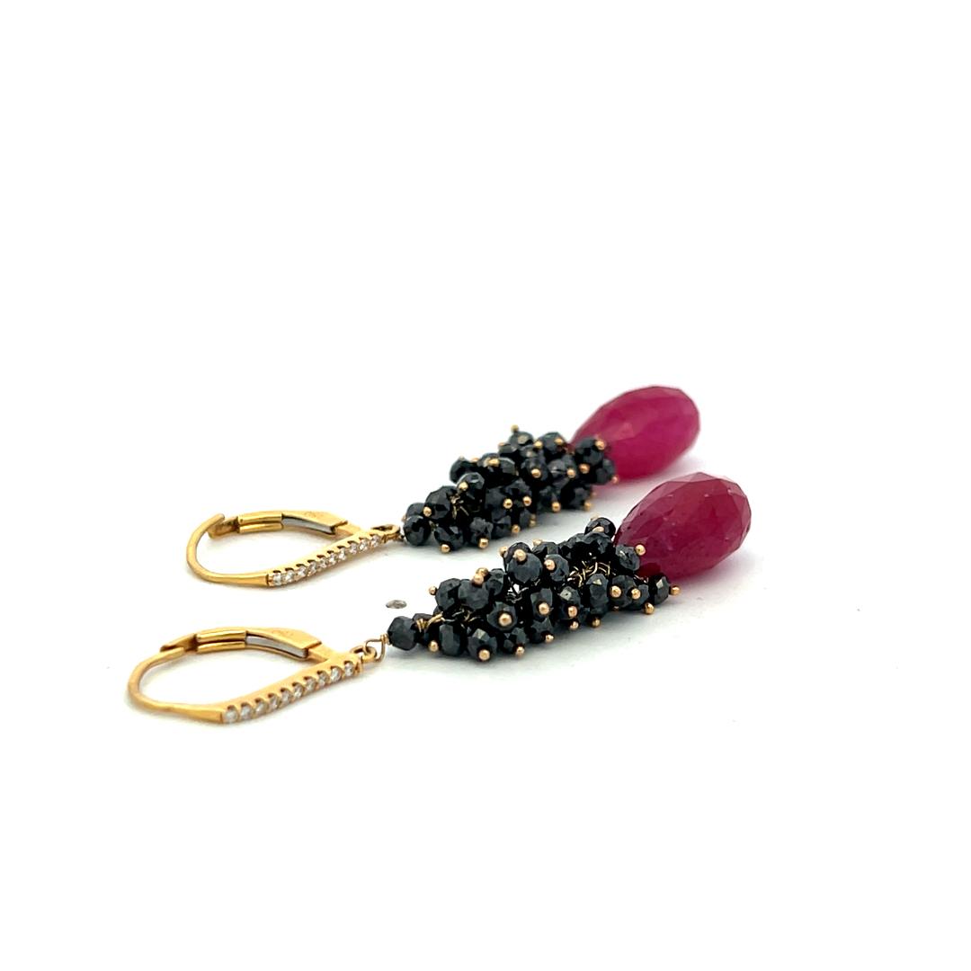 18K YG Drop Earrings with 0.05ct Round H VS Diamond and 14x6.9mm Ruby Briolettes