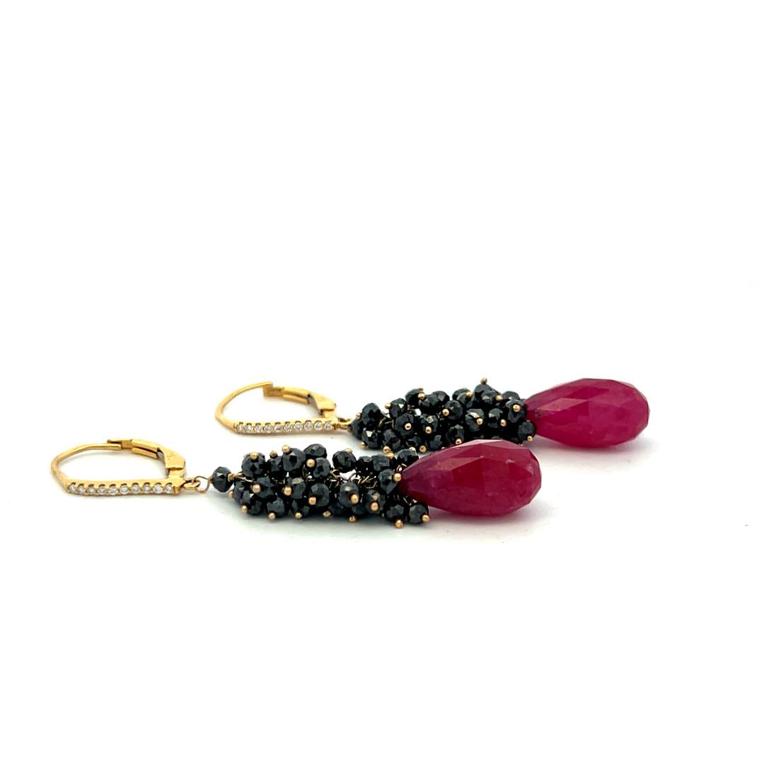 18K YG Drop Earrings with 0.05ct Round H VS Diamond and 14x6.9mm Ruby Briolettes