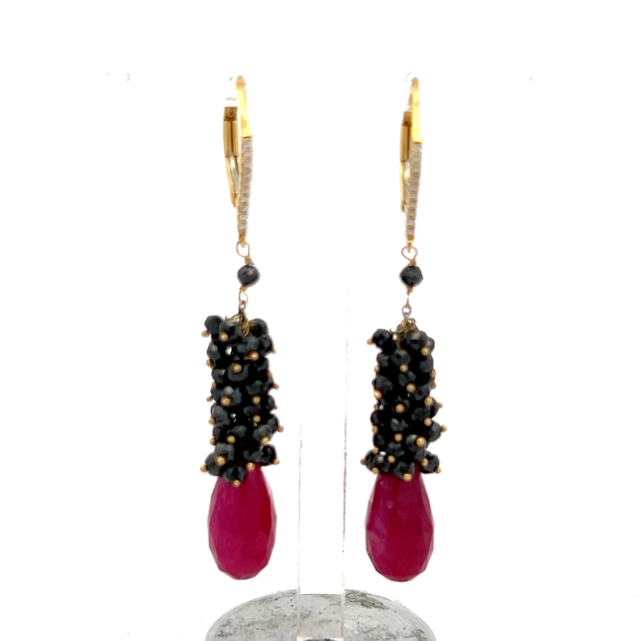 18K YG Drop Earrings with 0.05ct Round H VS Diamond and 14x6.9mm Ruby Briolettes