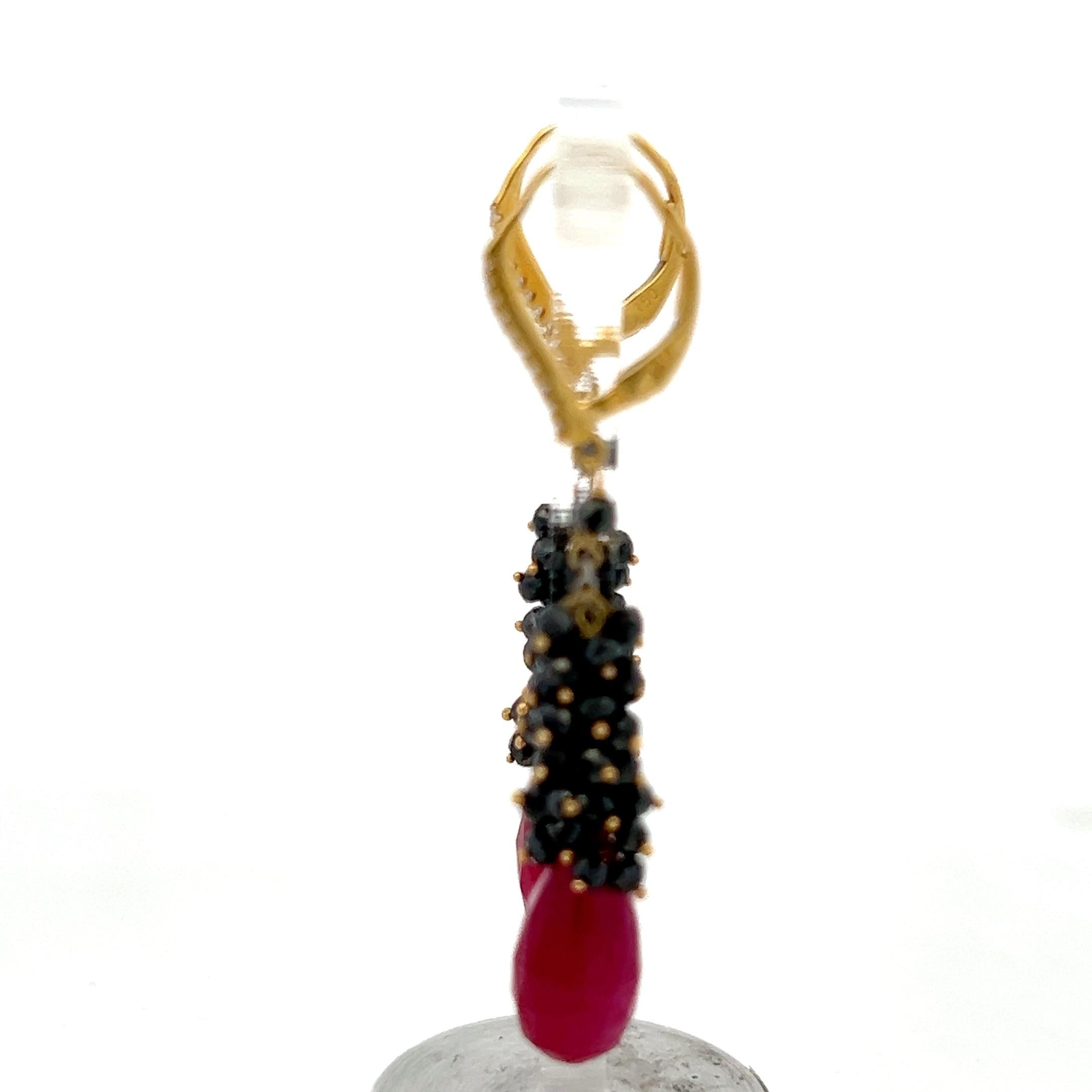 18K YG Drop Earrings with 0.05ct Round H VS Diamond and 14x6.9mm Ruby Briolettes