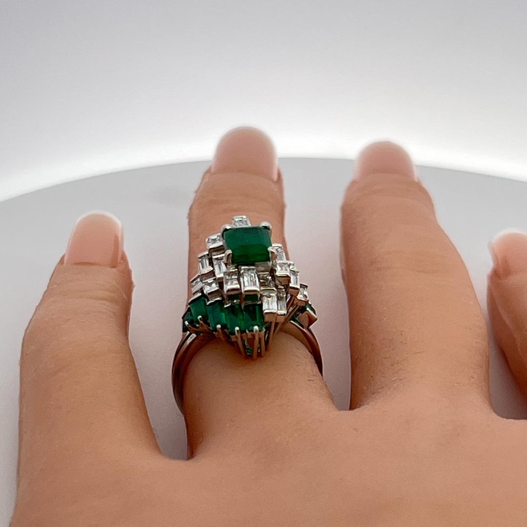 18K White Gold Cocktail Ring 1ct Baguette Diamonds and 1.96ct Emerald Size 6.5