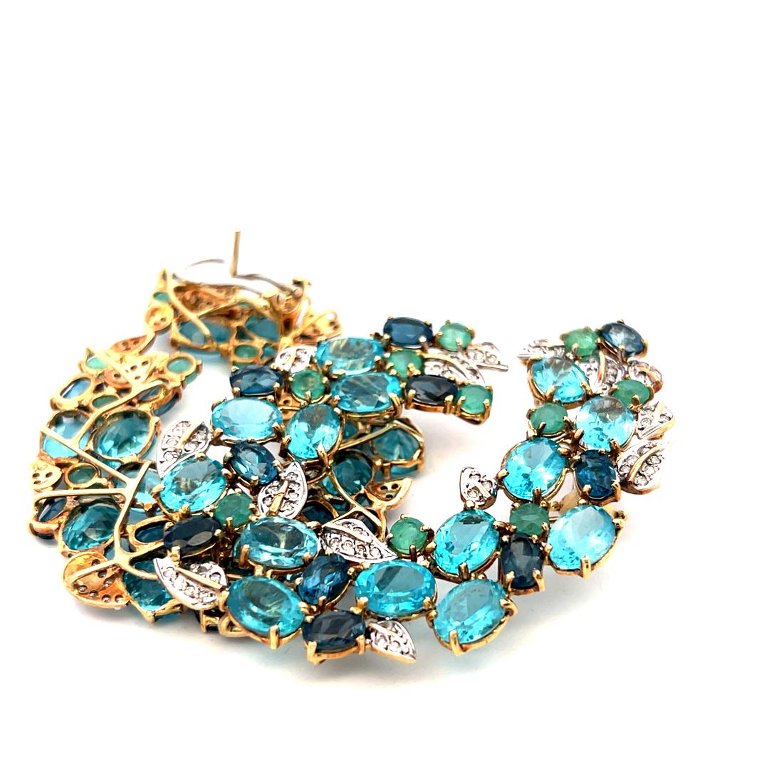 18K Two Tone Gold Dangling Earrings 0.4ct Round Diamond 2.7ct Emerald 35ct Topaz