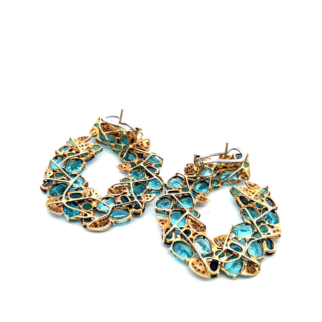 18K Two Tone Gold Dangling Earrings 0.4ct Round Diamond 2.7ct Emerald 35ct Topaz