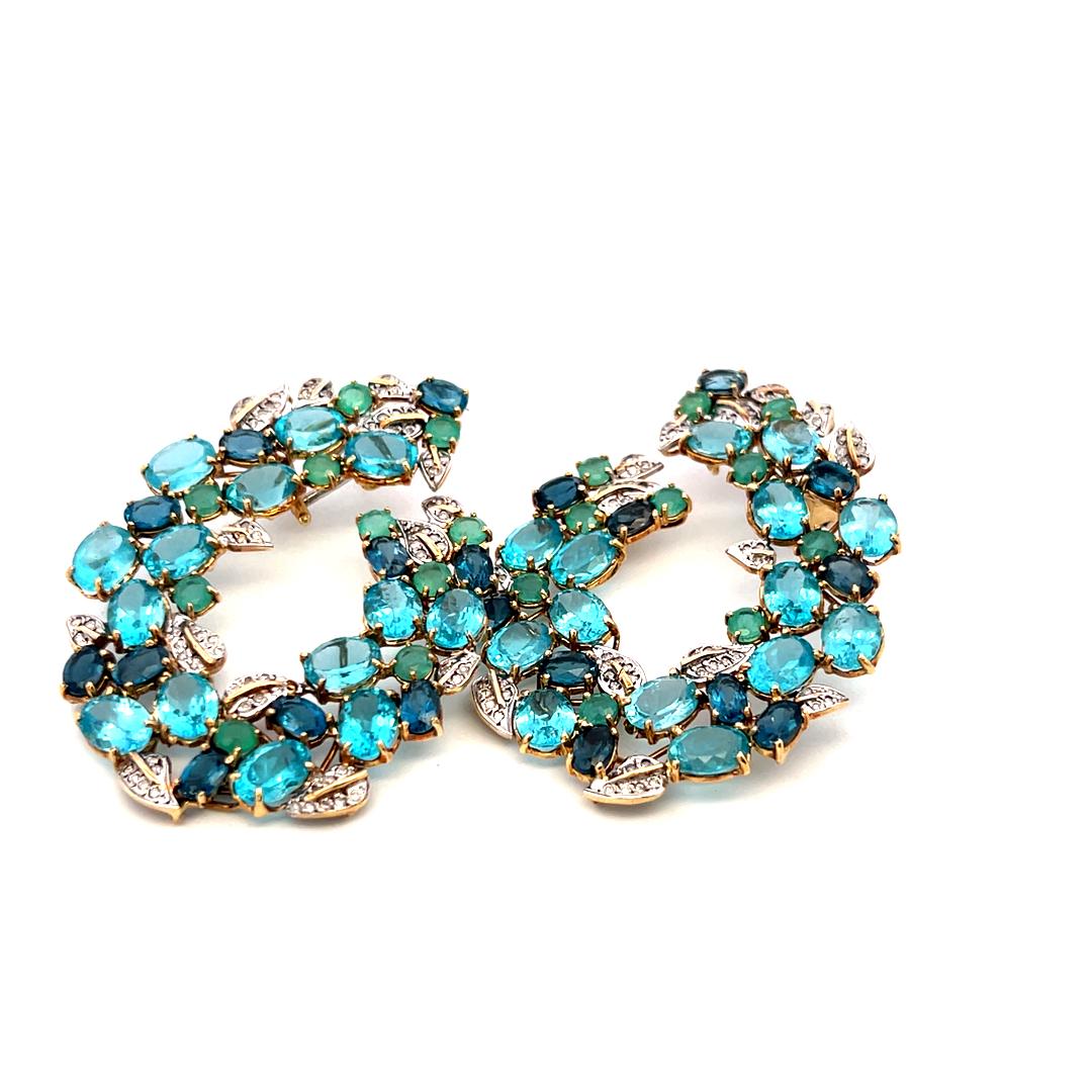 18K Two Tone Gold Dangling Earrings 0.4ct Round Diamond 2.7ct Emerald 35ct Topaz