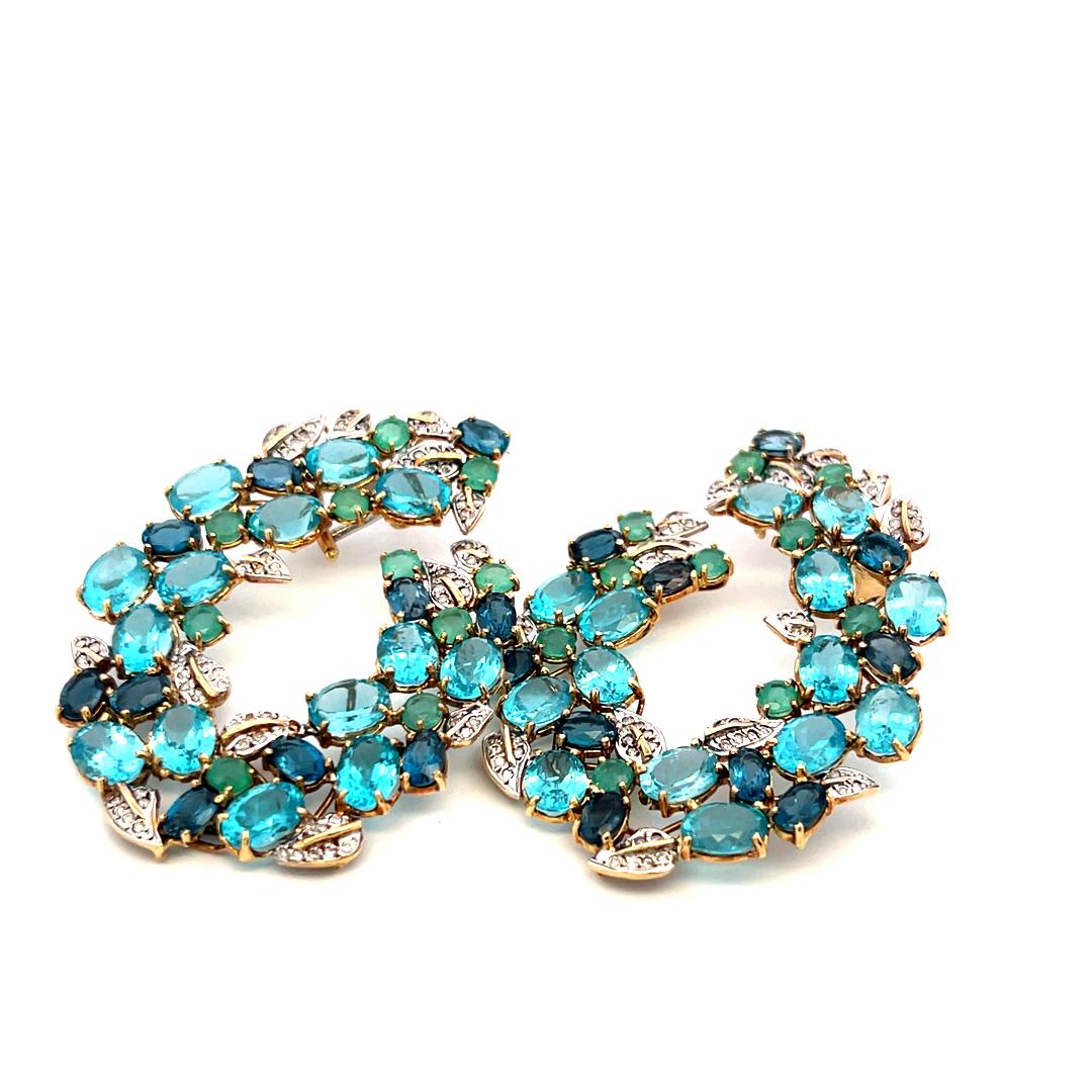 18K Two Tone Gold Dangling Earrings 0.4ct Round Diamond 2.7ct Emerald 35ct Topaz