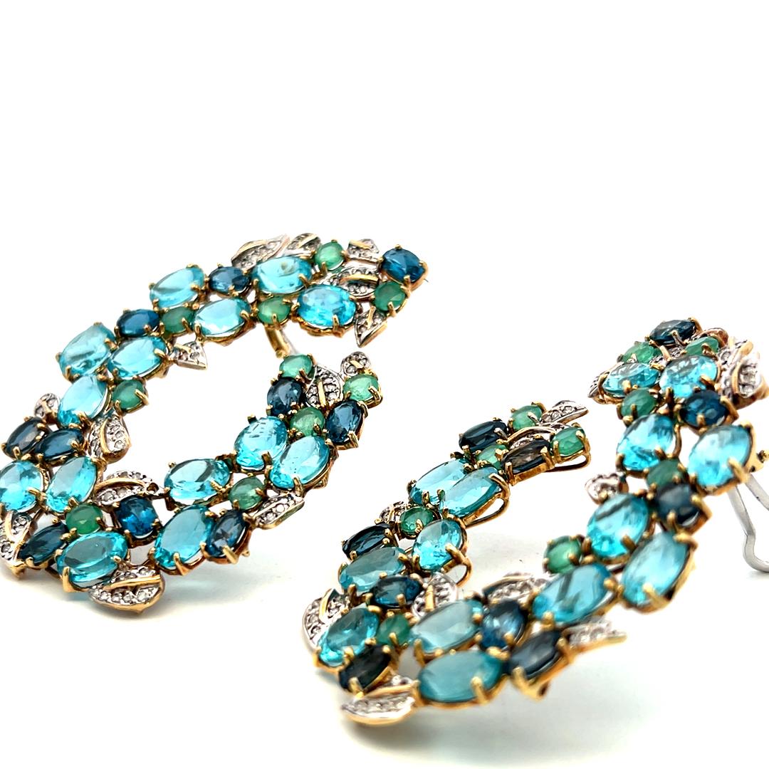 18K Two Tone Gold Dangling Earrings 0.4ct Round Diamond 2.7ct Emerald 35ct Topaz