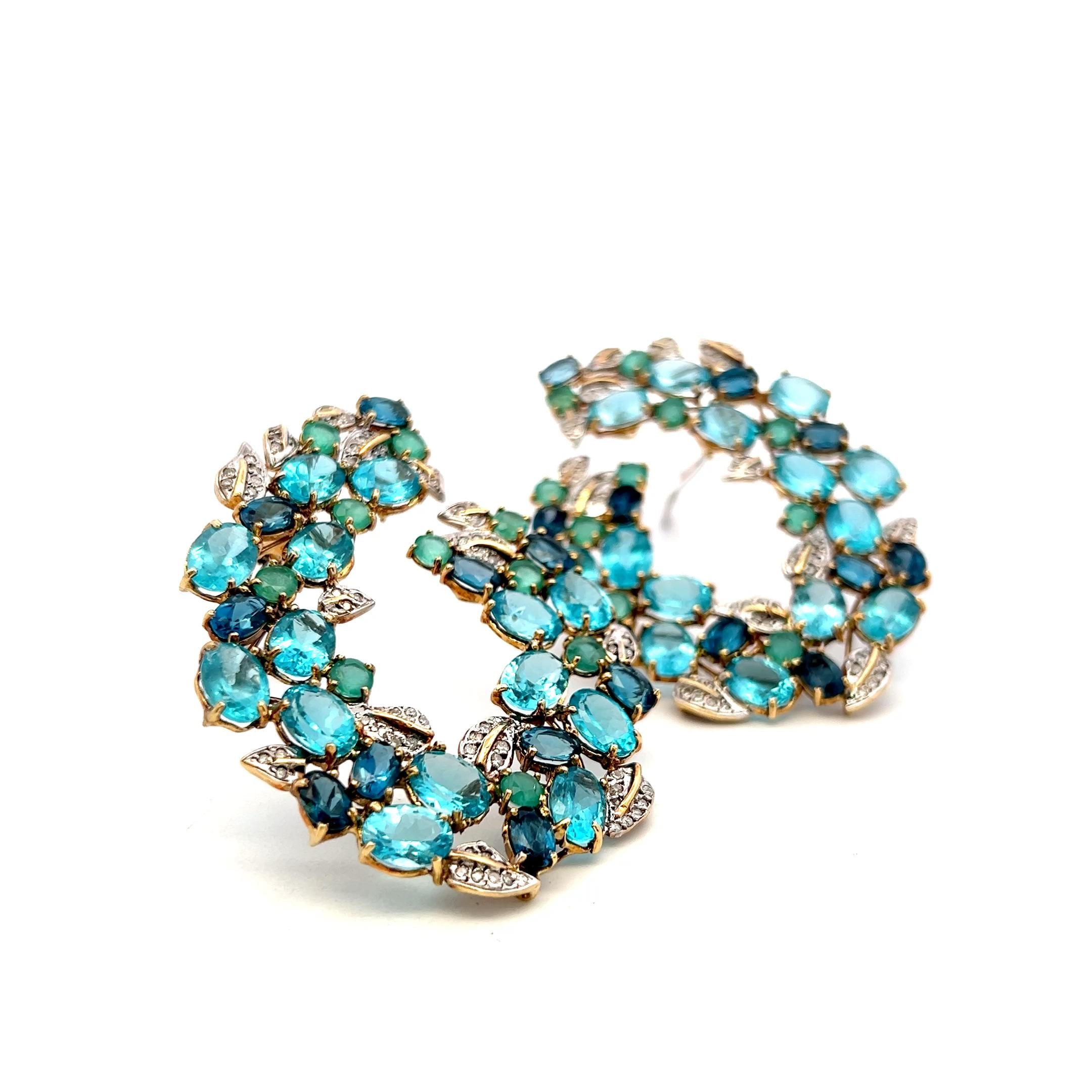 18K Two Tone Gold Dangling Earrings 0.4ct Round Diamond 2.7ct Emerald 35ct Topaz