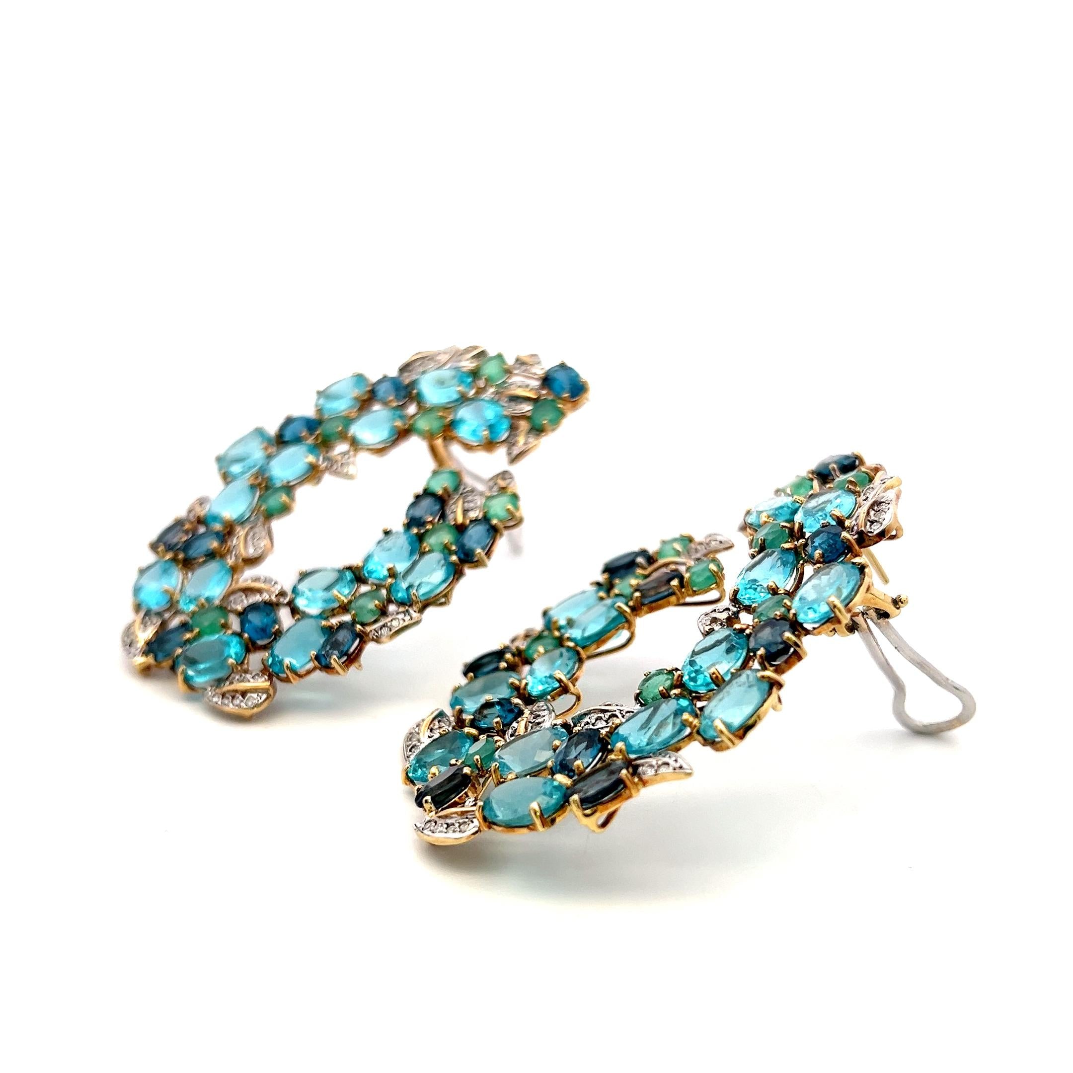 18K Two Tone Gold Dangling Earrings 0.4ct Round Diamond 2.7ct Emerald 35ct Topaz
