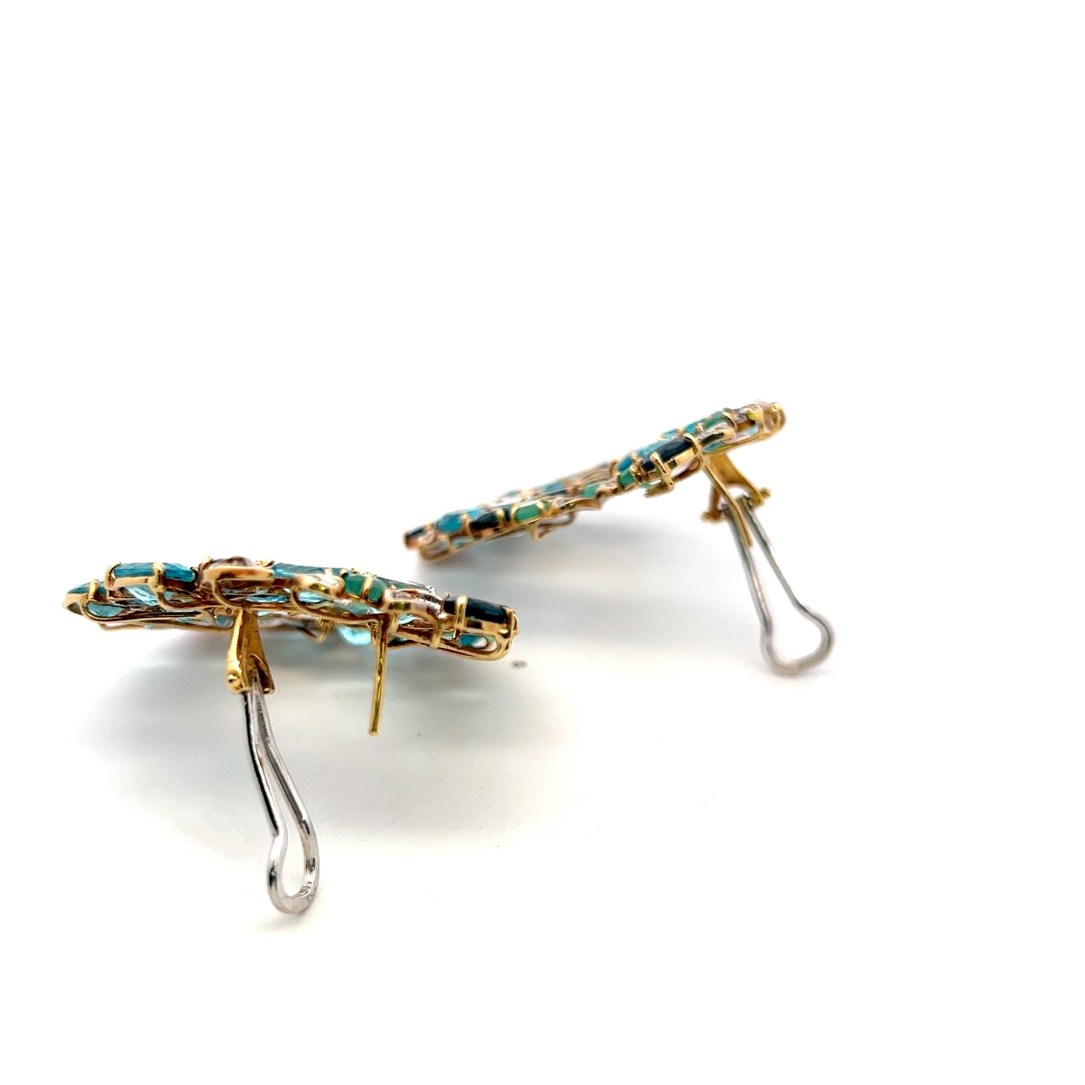 18K Two Tone Gold Dangling Earrings 0.4ct Round Diamond 2.7ct Emerald 35ct Topaz